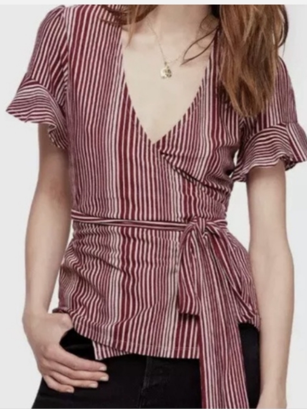 Free People Striped Wrap V-Neck Short Ruffle Sleeve Shirt Burgundy Red White
